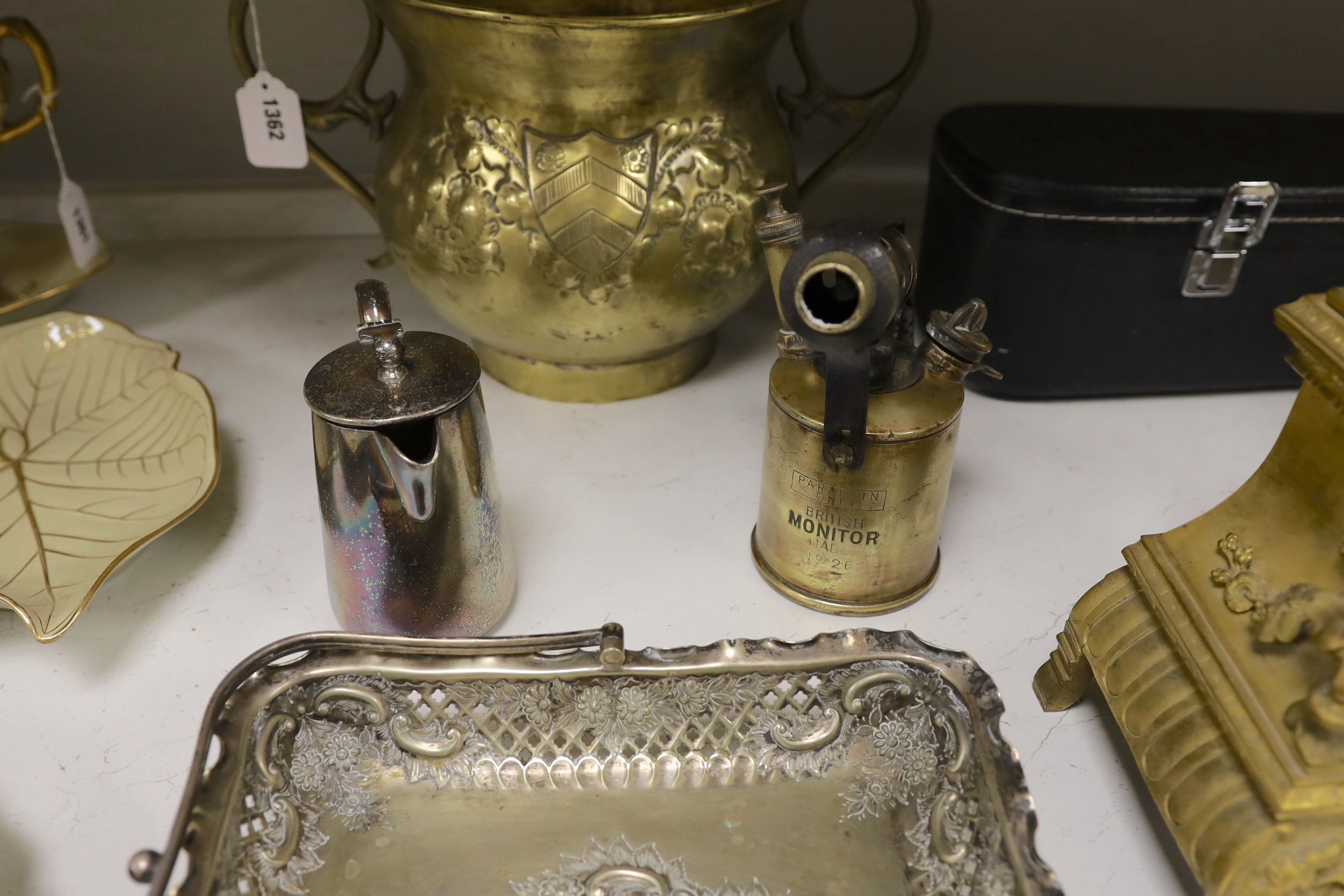 A brass paraffin blow torch, a copper shot flask and a Dutch embossed brass bowl